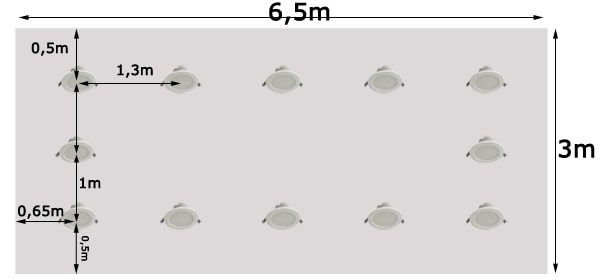 Cách bố trí sử dụng đèn âm trần có công suất là 7w với tổng số bóng là 12 (Ảnh minh họa)